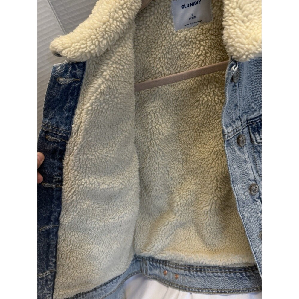 Old Navy Womens Denim Jacket Petite SM Sherpa Lining Flap Pockets  Western - Picture 2 of 14